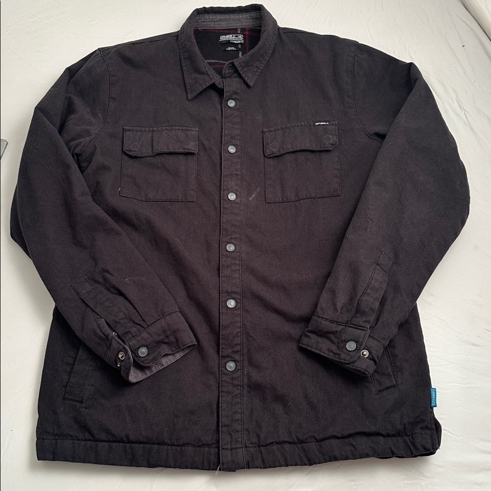 O’Neill charcoal snap front shacket shirt jacket with plaid fleece lining